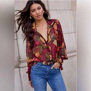 Vici Floral Button-Down Blouse in Burgundy, Mustard & Olive